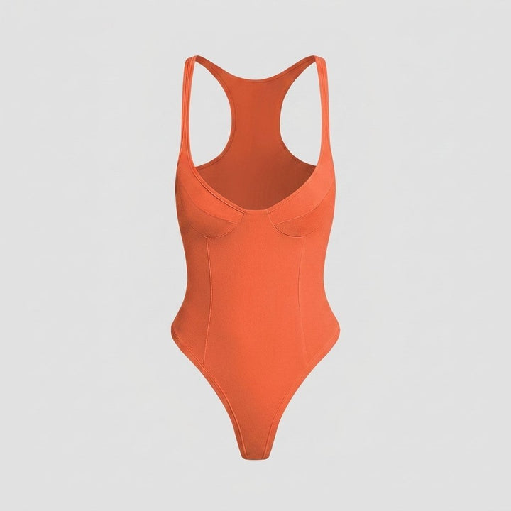 Bella deep-V racerback bodysuit persimmon flat lay