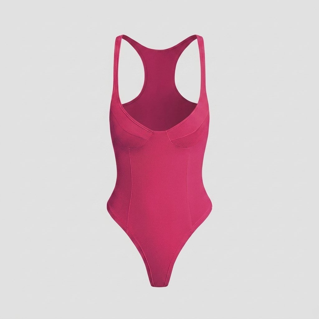 Bella deep-V racerback bodysuit raspberry flat lay