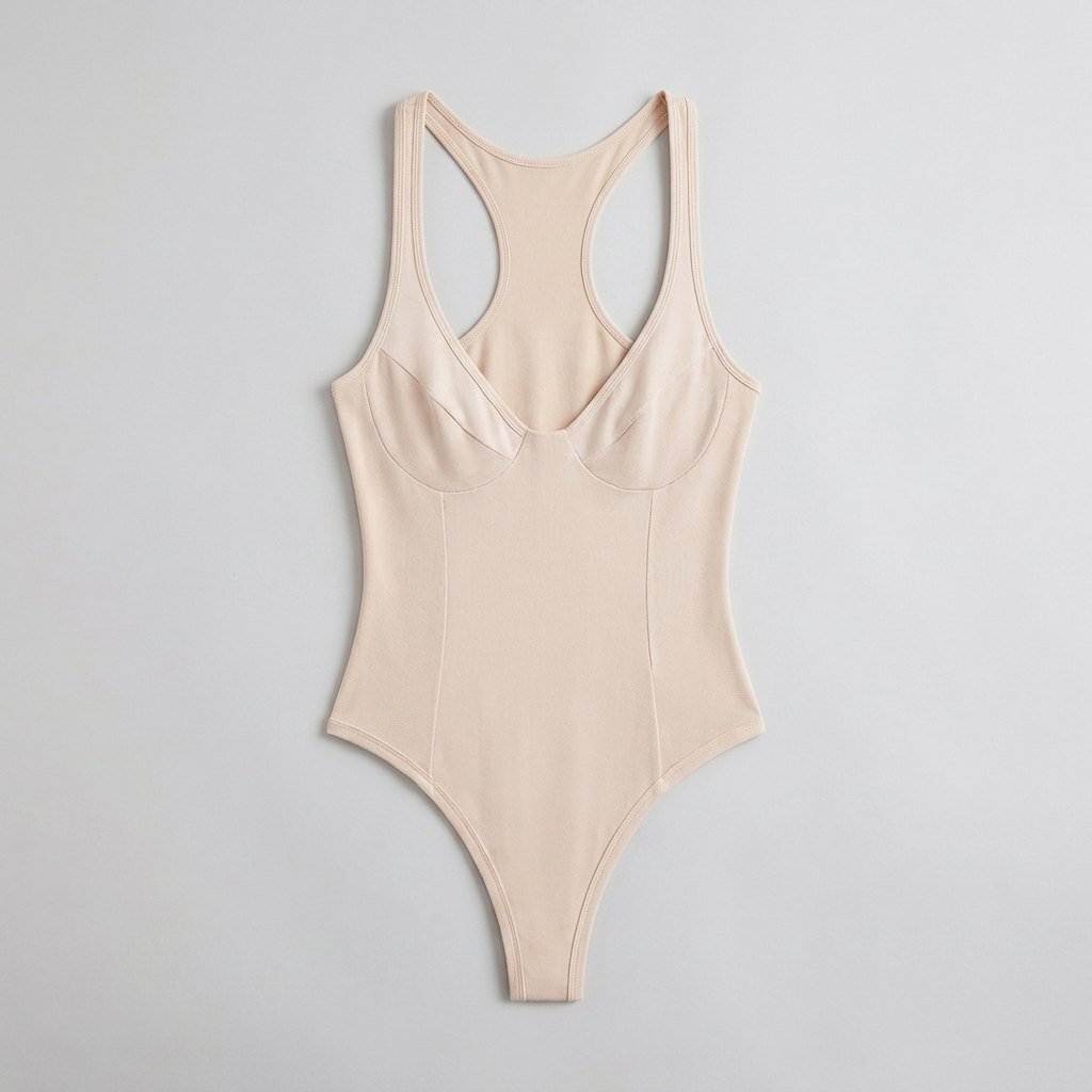 Bella deep-V racerback bodysuit wheat flat lay