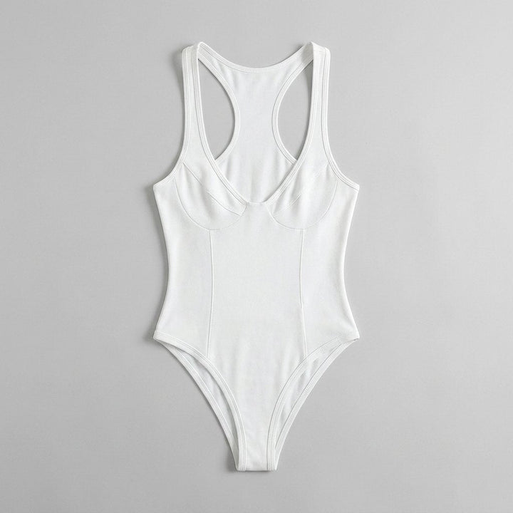 Bella deep-V racerback bodysuit white flat lay