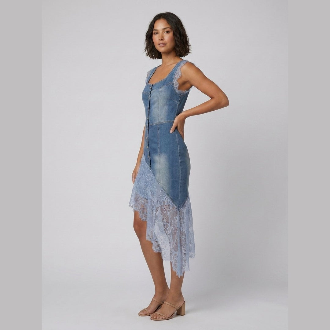Bella | Denim Dress Lace-Trimmed, Asymmetrical Hem