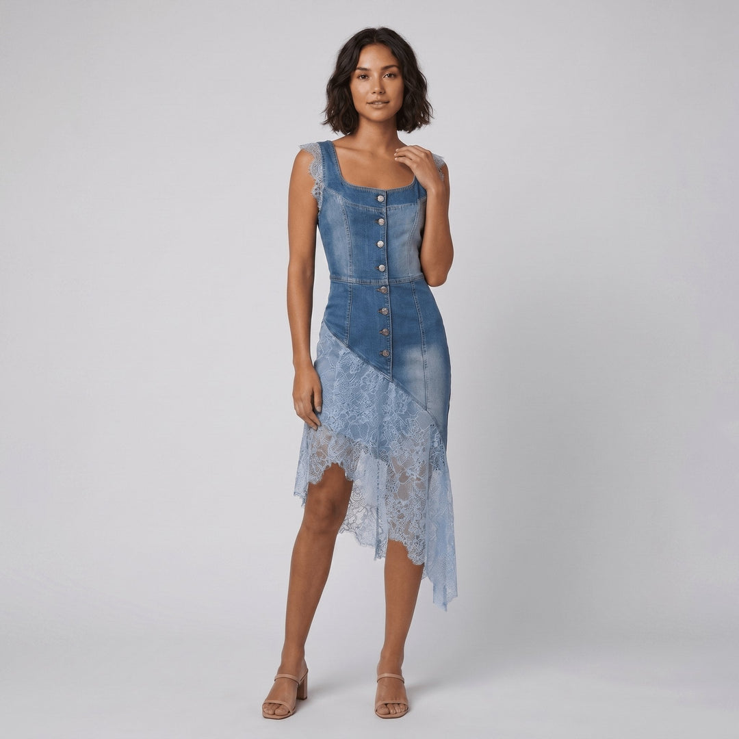 Bella denim lace-trimmed dress blue front