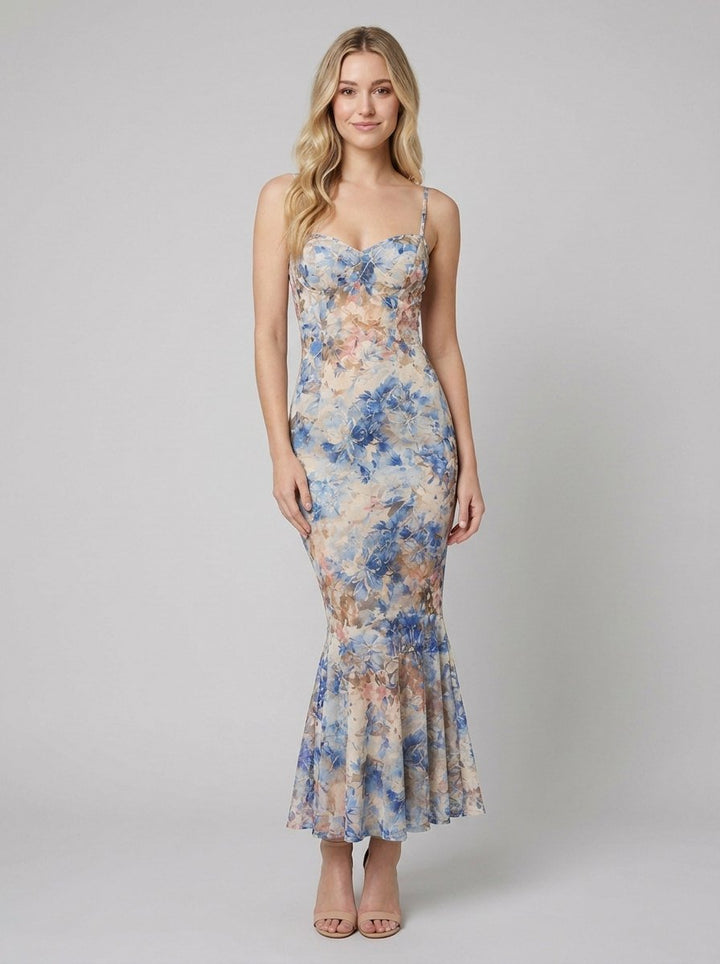 Bella floral mermaid maxi dress blue - model front