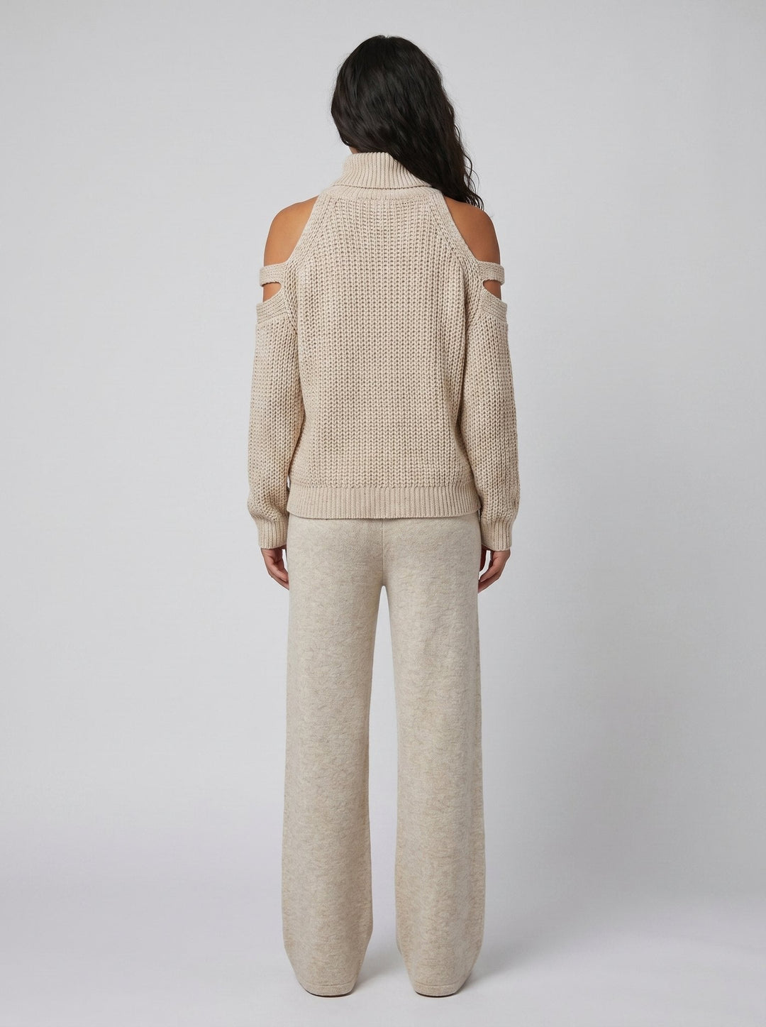 Bella | Women's Knit Set Cold-Shoulder Turtleneck, Wide-Leg Pants, Knitted Loungewear