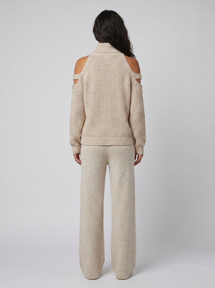 Bella | Women's Knit Set Cold-Shoulder Turtleneck, Wide-Leg Pants, Knitted Loungewear
