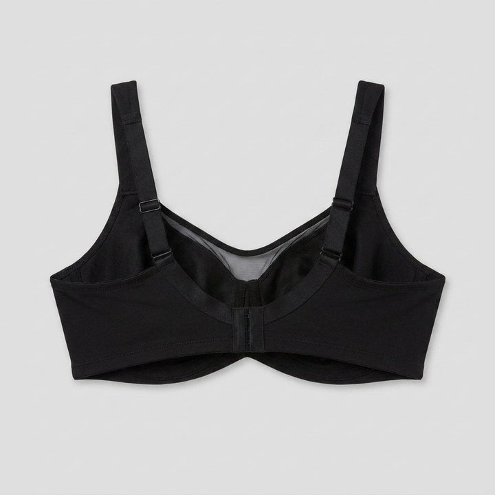 Black plus-size minimizer bra flat-lay
