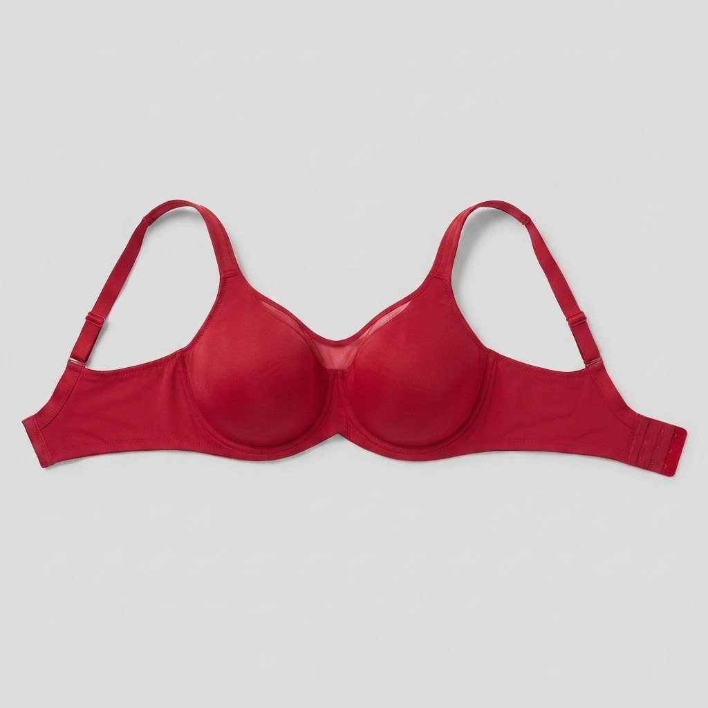 Red plus-size minimizer bra flat-lay