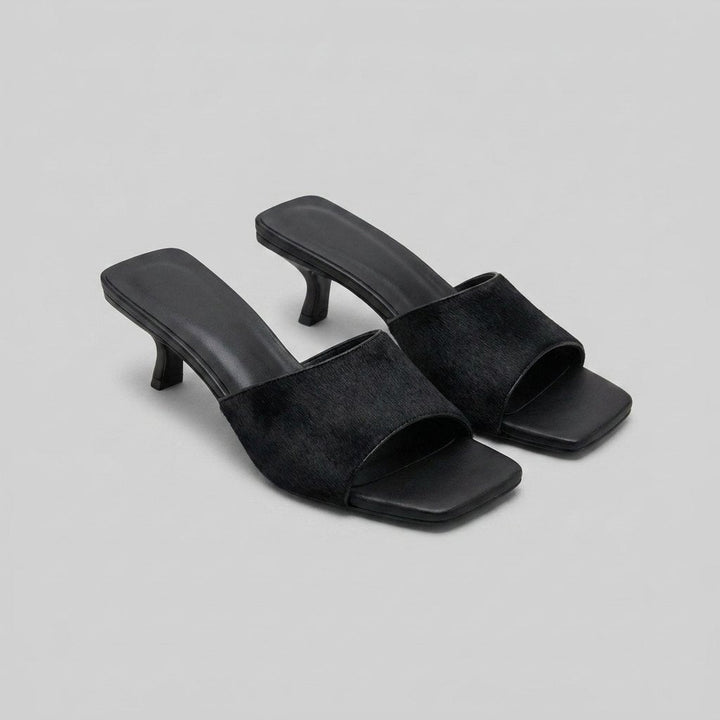 Bella black calf hair stiletto mule sandals