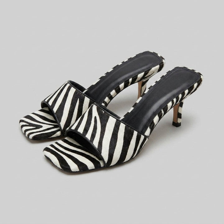 Bella zebra calf hair stiletto mule sandals