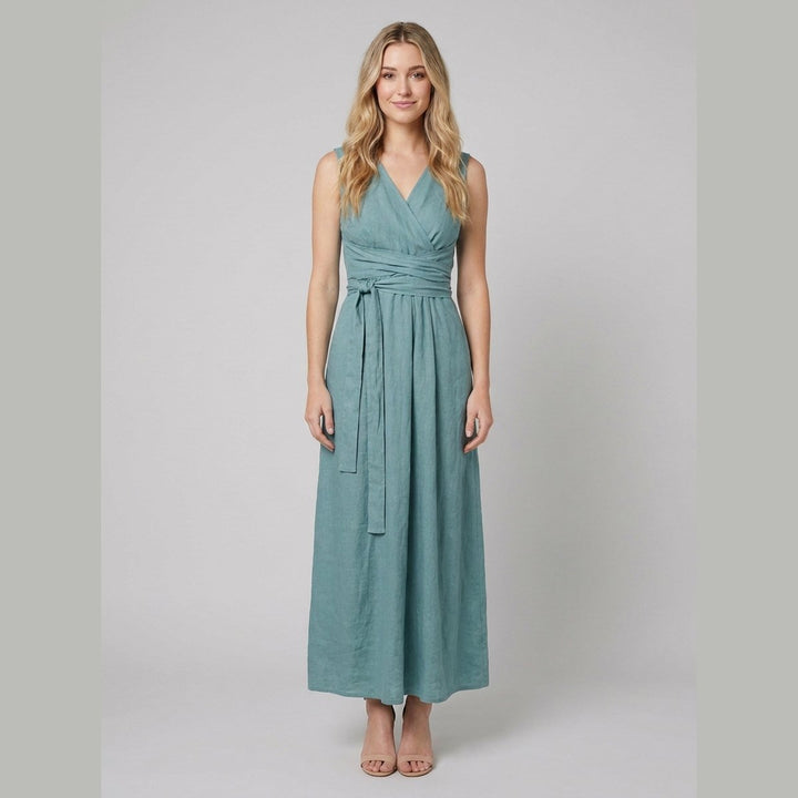 Bora teal linen wrap maxi dress - front