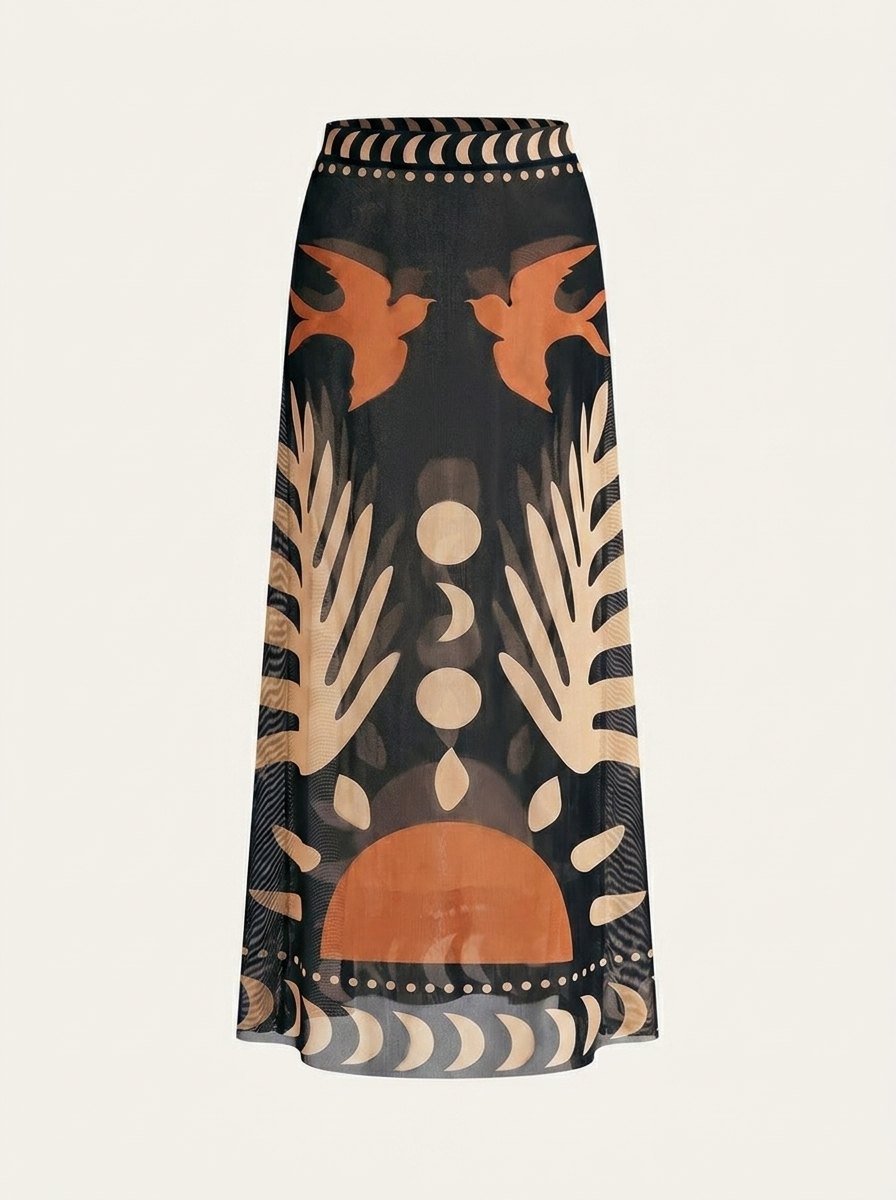 Breezy bird print maxi skirt black front