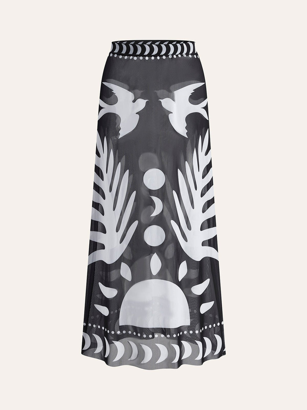 Breezy bird print maxi skirt black and white front