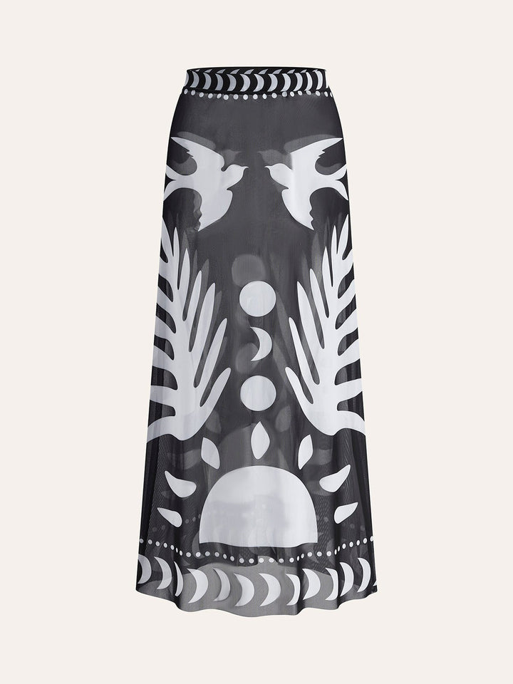 Breezy bird print maxi skirt black and white front