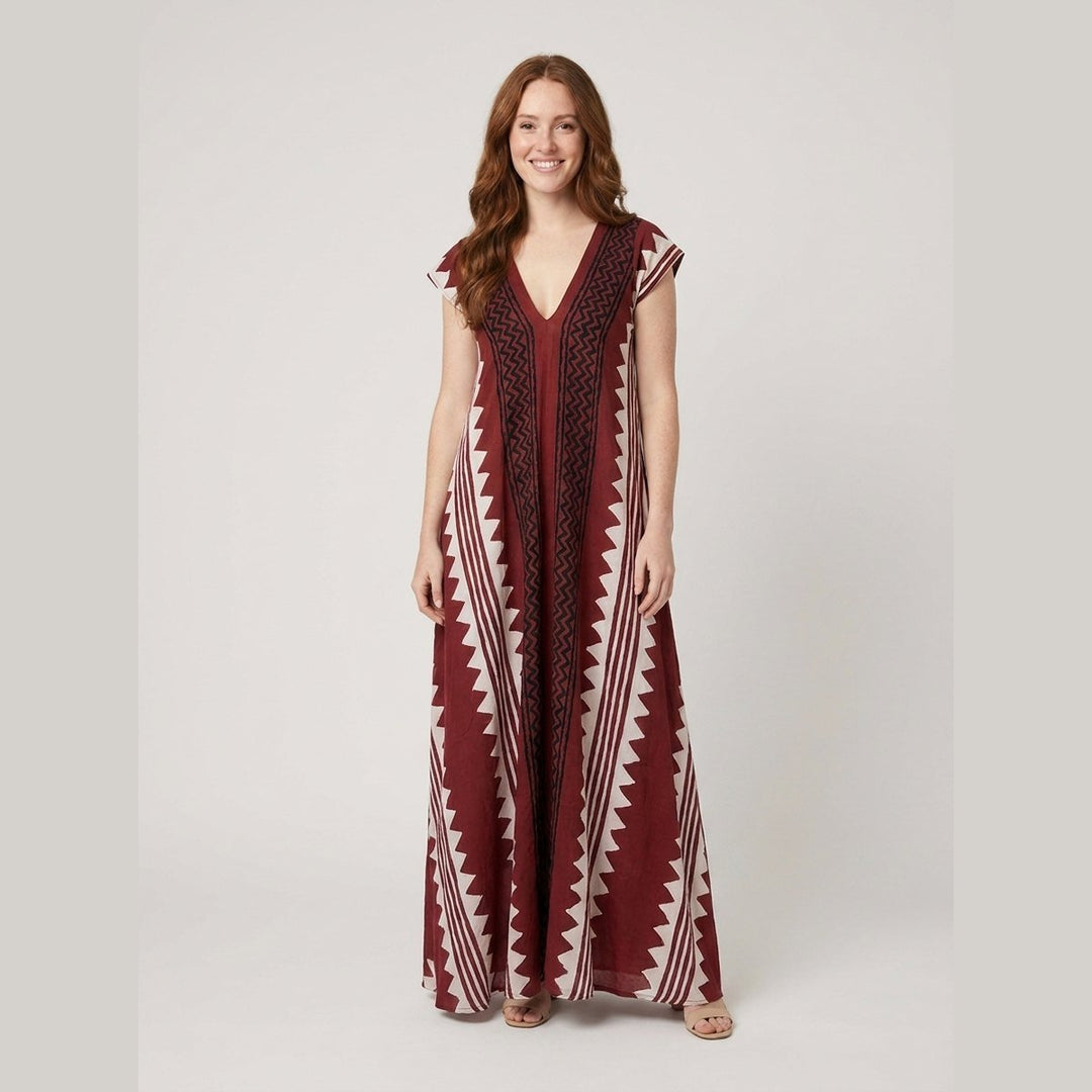 Breezy ethnic print maxi dress wine red