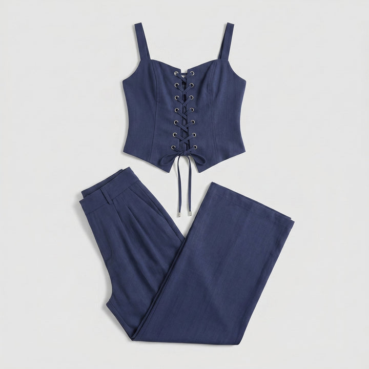Brianna |  Lace-Up Top Wide Leg Pants Set