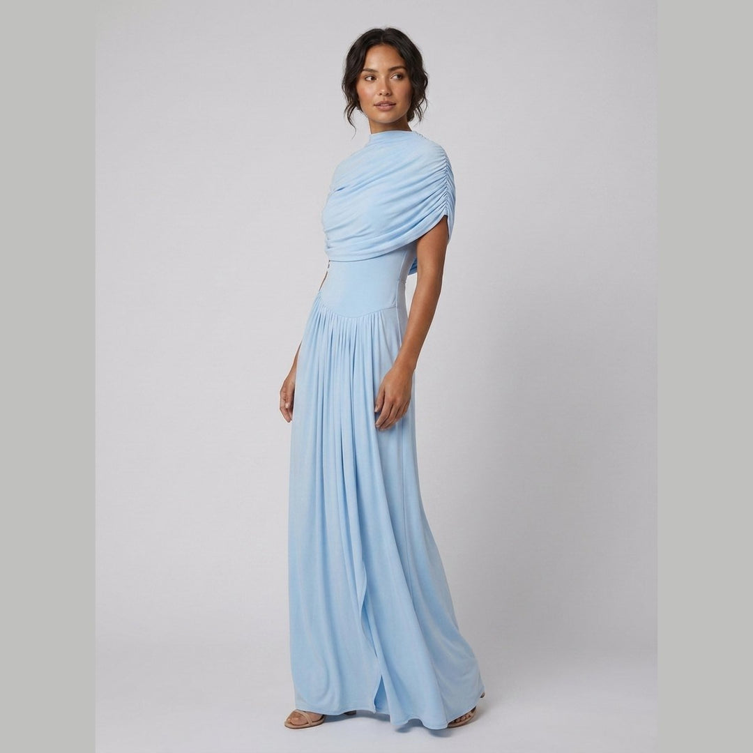 Catherine | Maxi Dress Asymmetrical Pleated, Baby-Blue Long Dress for Women