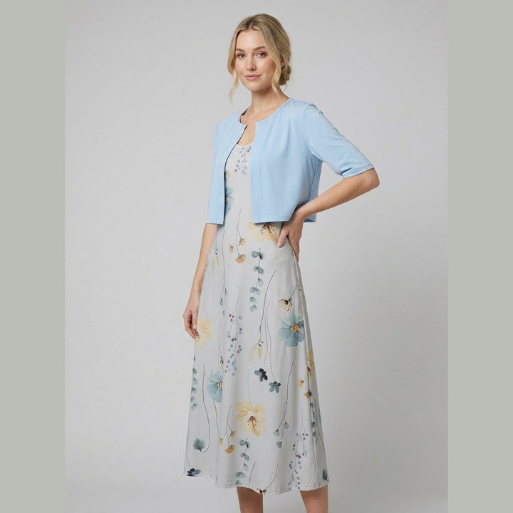 Chico floral two-piece dress sky blue bolero on model