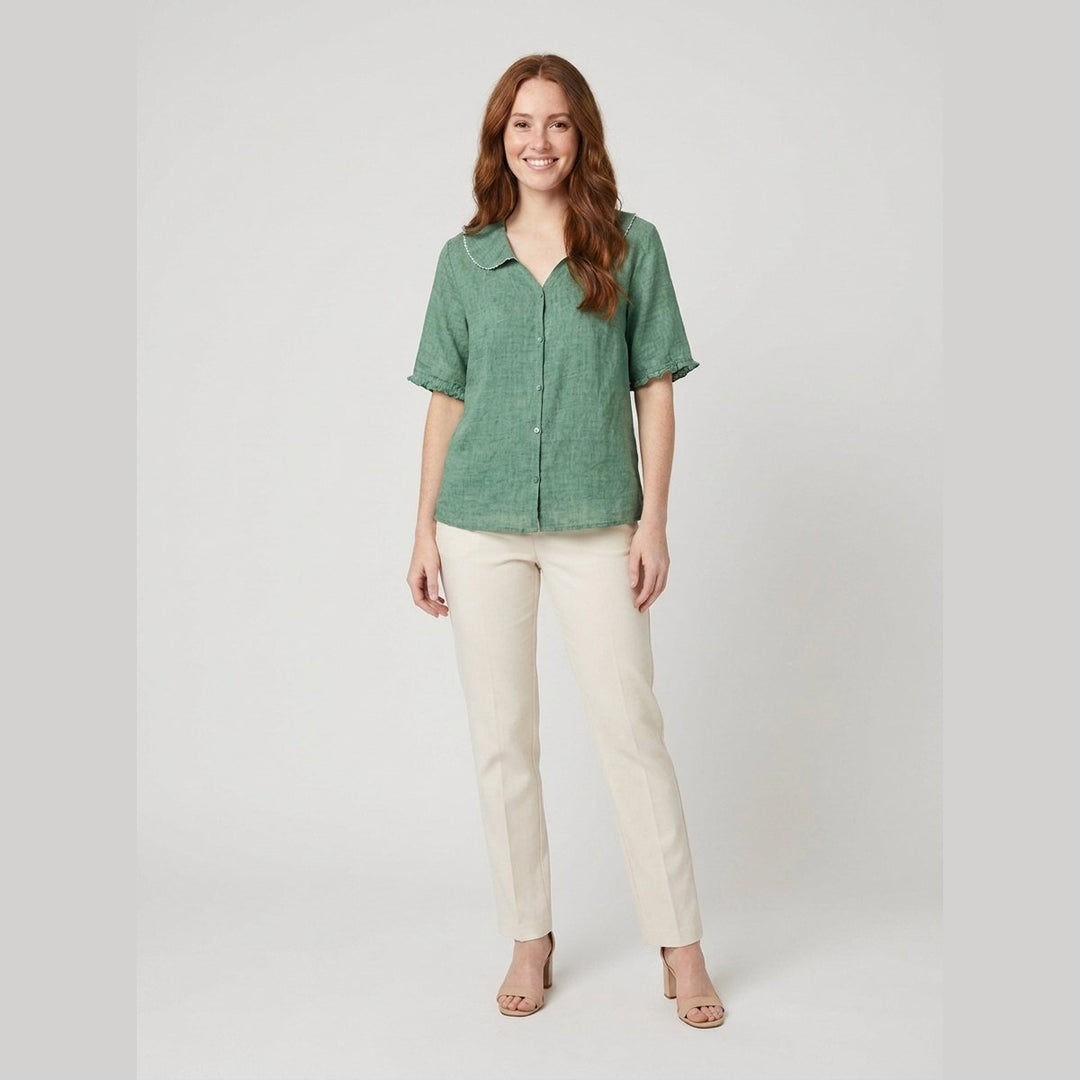 Cleo cotton-linen blouse sage green on model