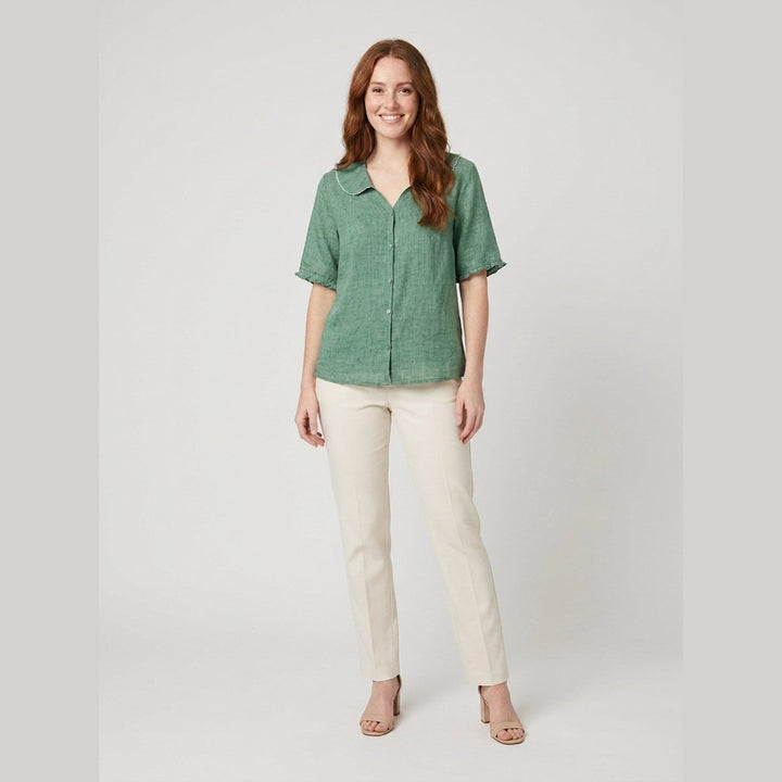 Cleo cotton-linen blouse sage green on model