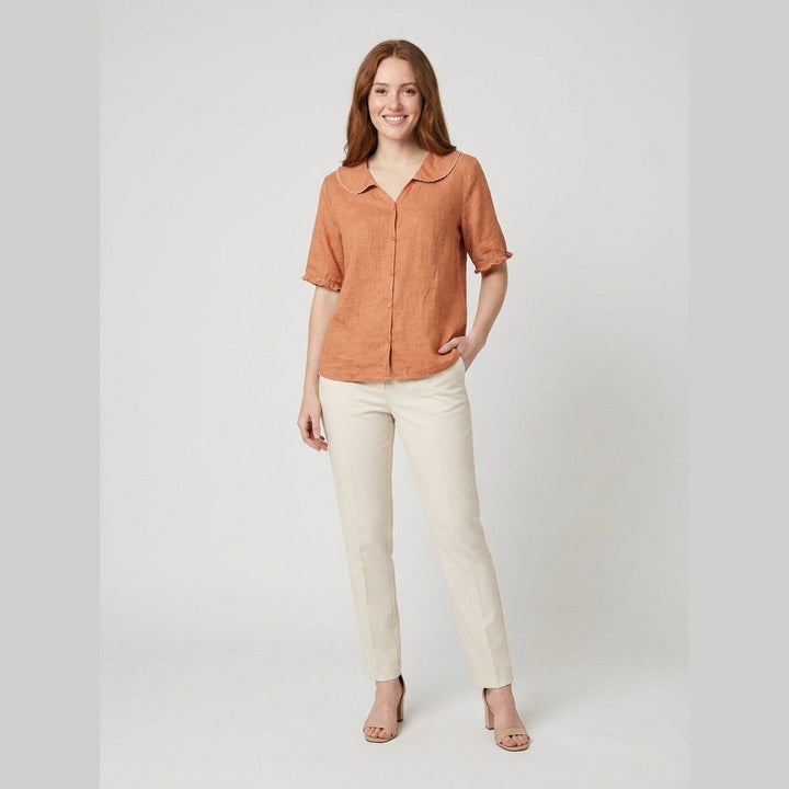 Cleo cotton-linen blouse terracotta orange on model