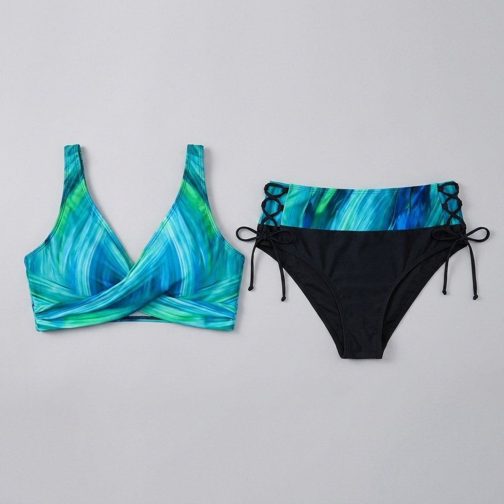 Blue green bikini set front flat-lay
