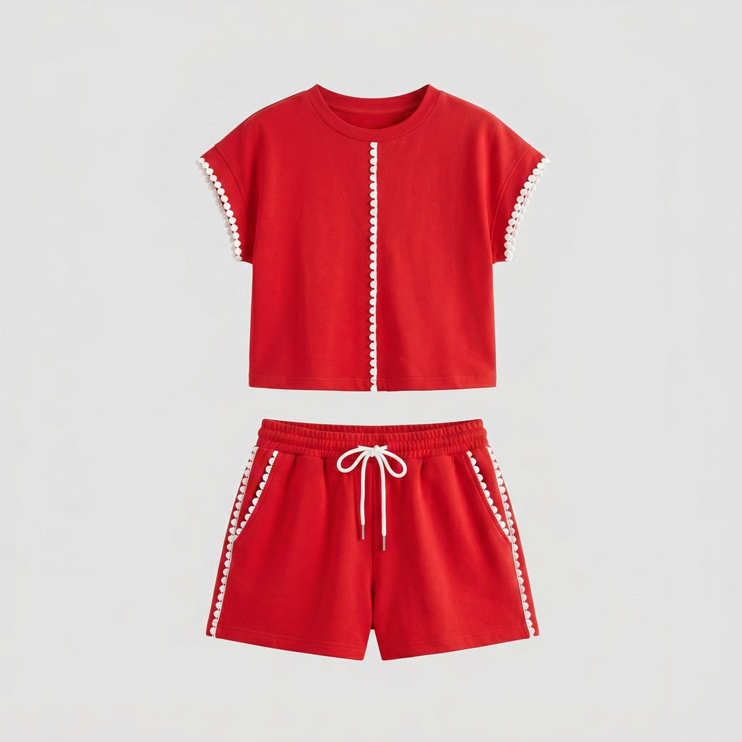 Cora | Cotton Set Scalloped Trim Top & Drawstring Shorts