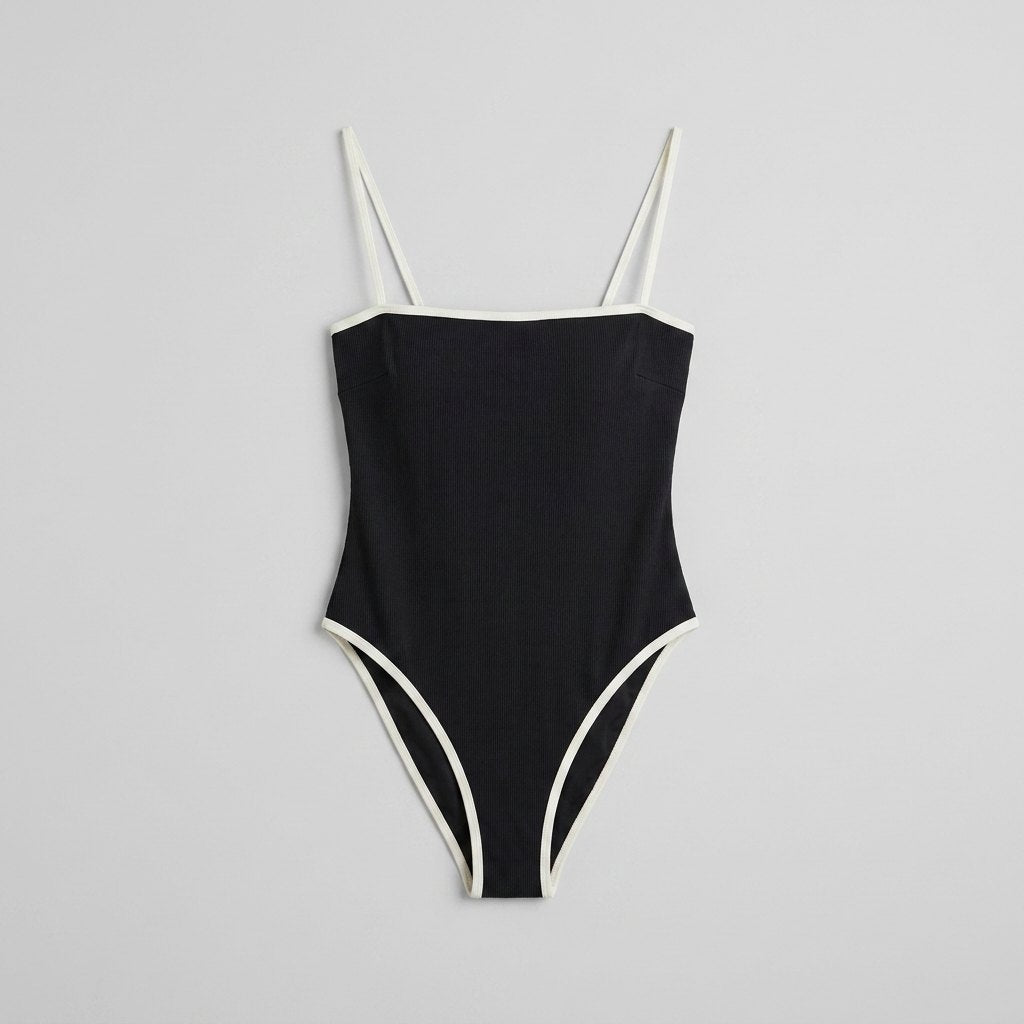 Black one-piece swimsuit front flat-lay