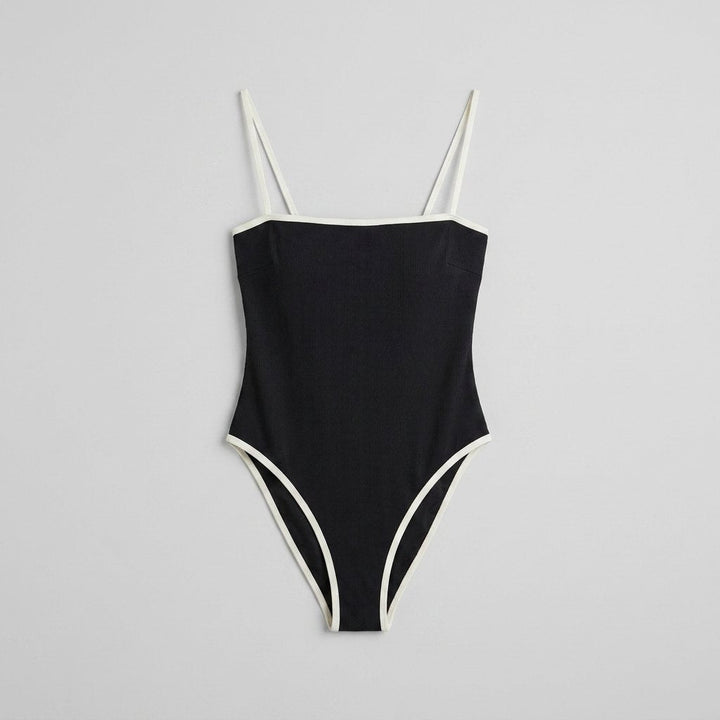 Black one-piece swimsuit front flat-lay
