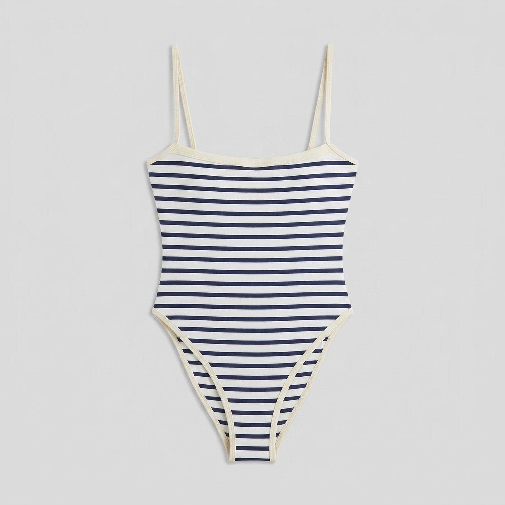 Blue striped one-piece swimsuit front flat-lay