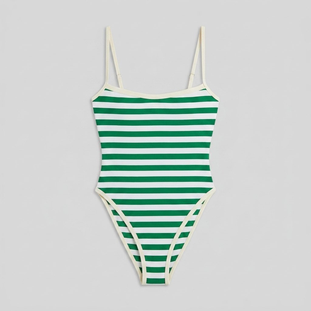 Green striped one-piece swimsuit front flat-lay