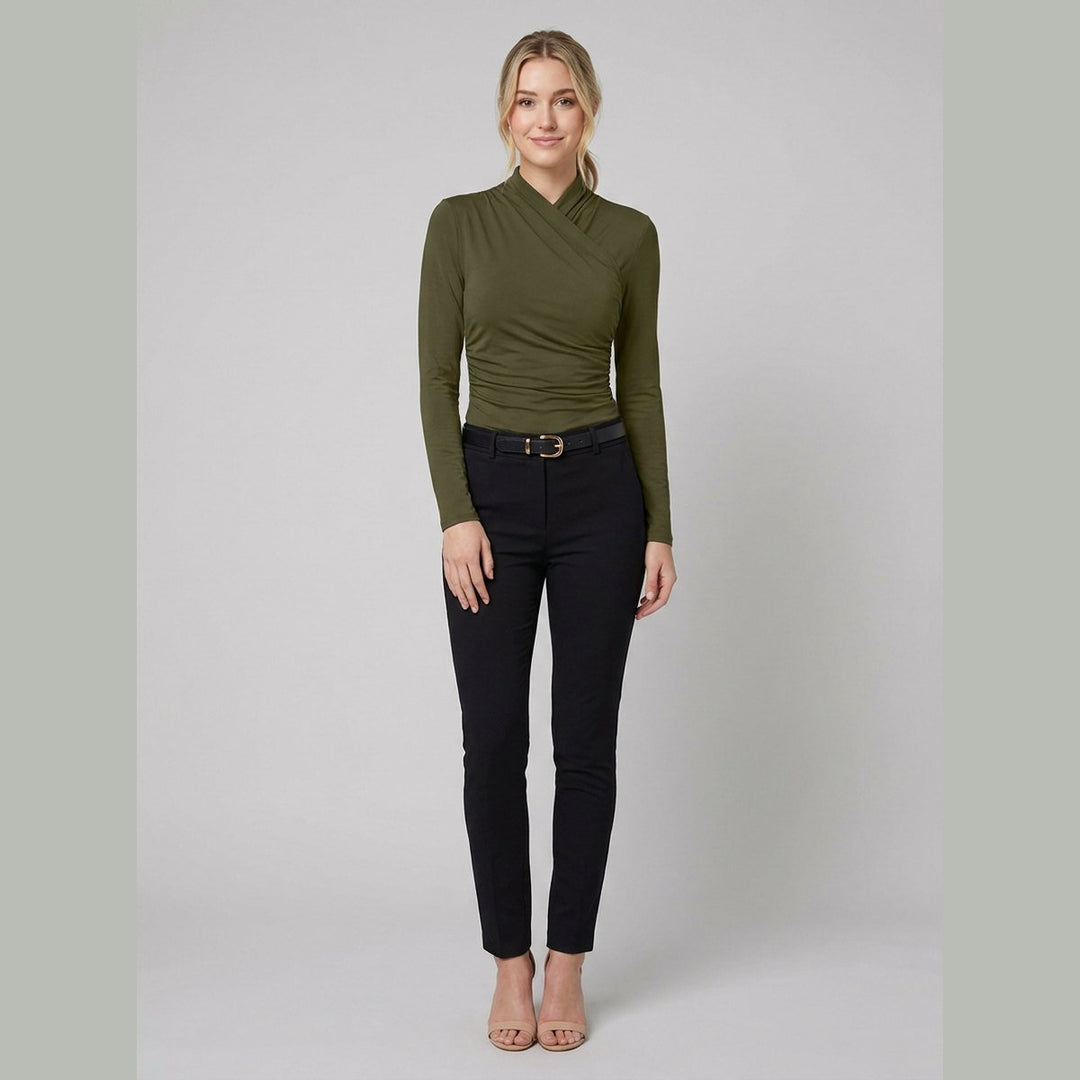 Cora crossover-collar top army green on model