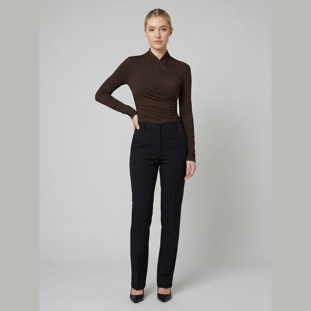 Cora crossover-collar top dark brown on model