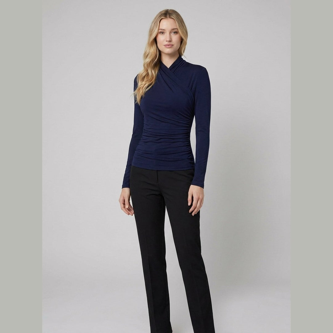 Cora crossover-collar top navy on model