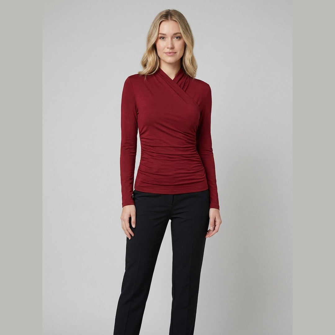 Cora crossover-collar top red on model