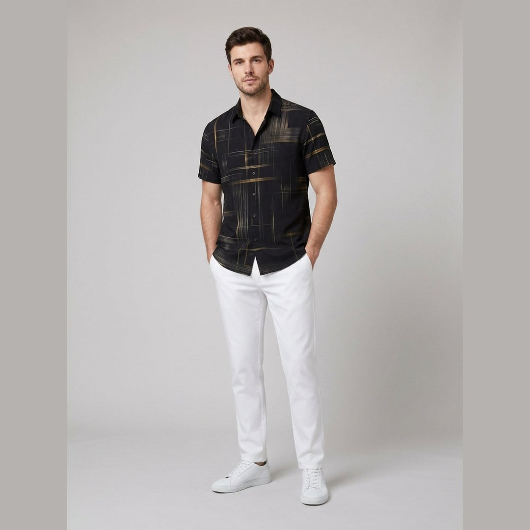 Crisp | Mens Short Sleeve Button Up Silk-Feel, Geometric Pattern