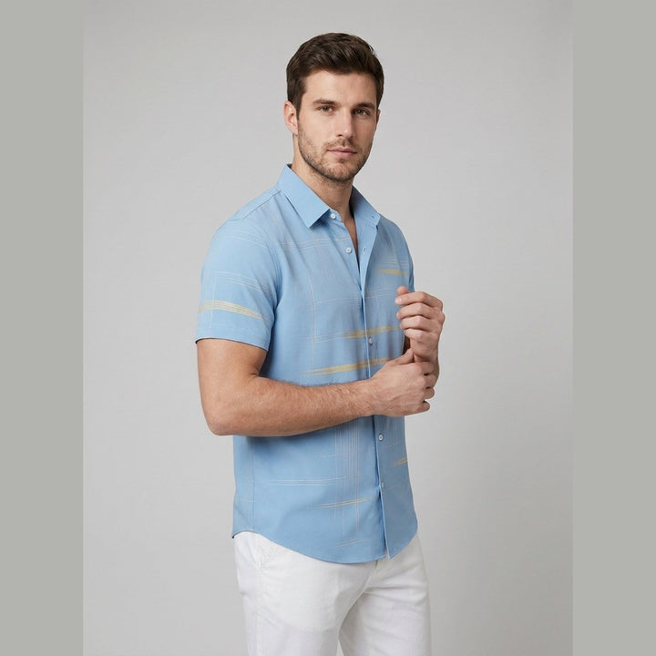 Crisp | Mens Short Sleeve Button Up Silk-Feel, Geometric Pattern