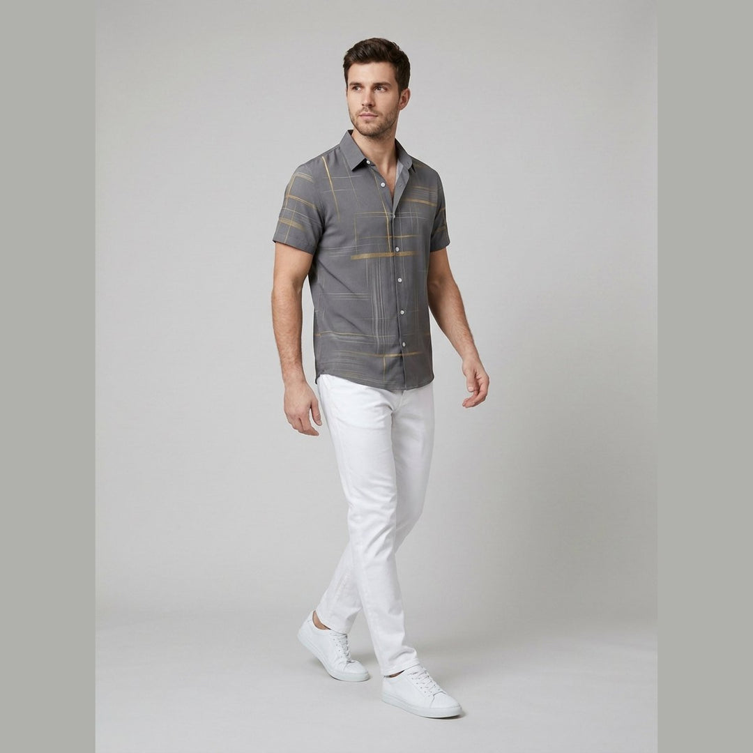 Crisp | Mens Short Sleeve Button Up Silk-Feel, Geometric Pattern