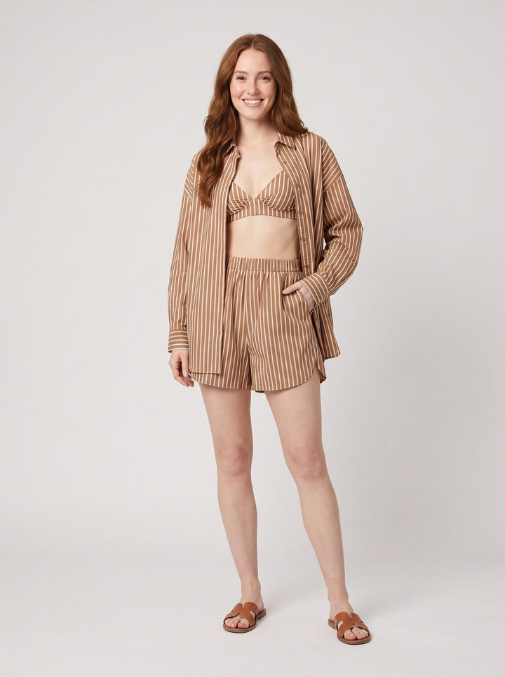 Cynthia summer set brown stripe three-piece on model
