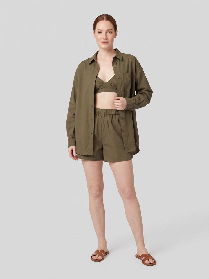 Cynthia summer set olive green three-piece on model