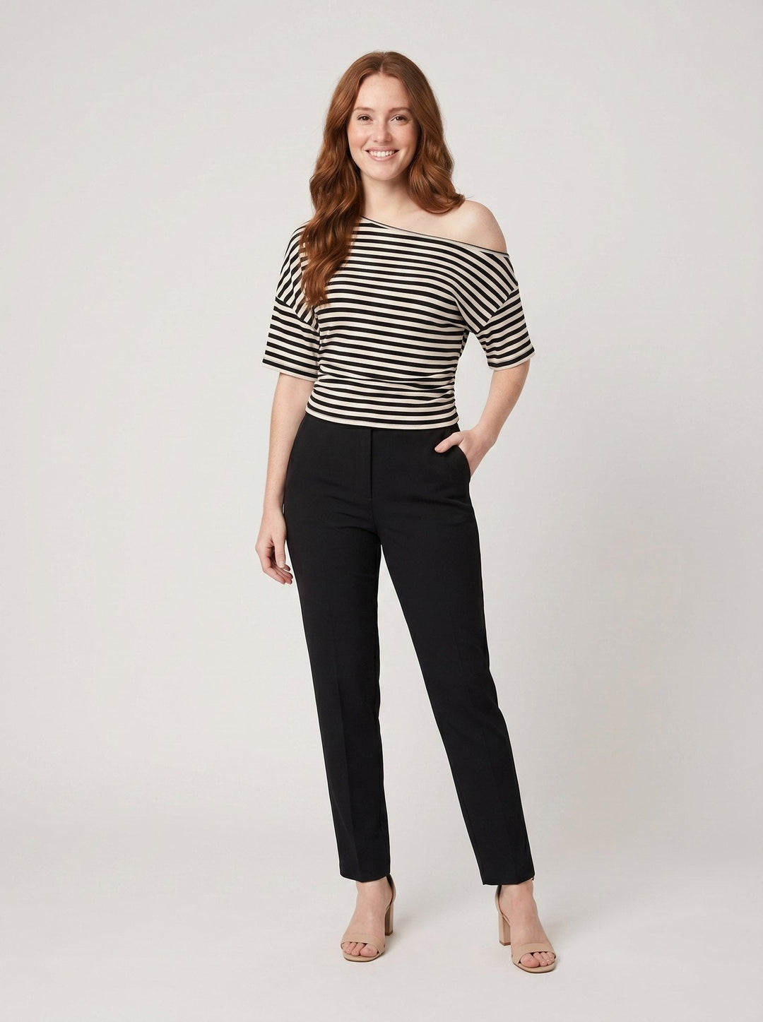 Daina striped one-shoulder top on model front