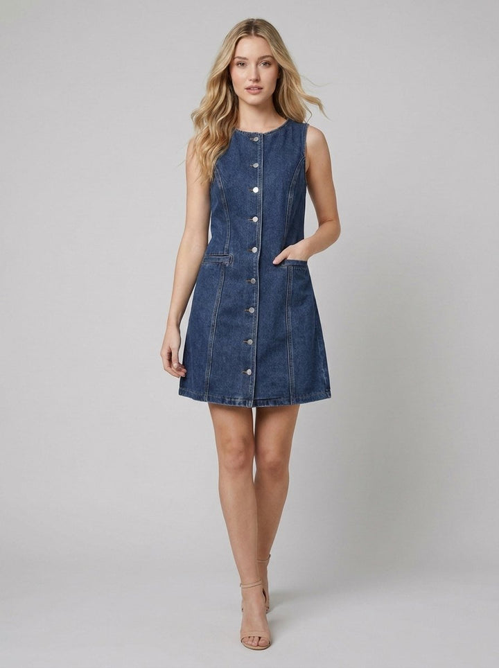 Daisy | Denim Dress Sleeveless, Collarless with Pockets for Women