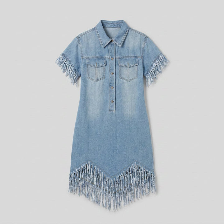 Dara | Denim Dress Vintage Loose Fit, Mini Length with Tassel Details