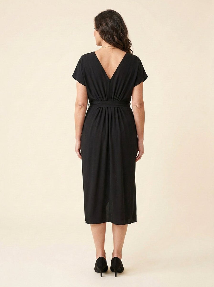 Dara | Women's Dress Draped Front, Midi Length, Side Slit