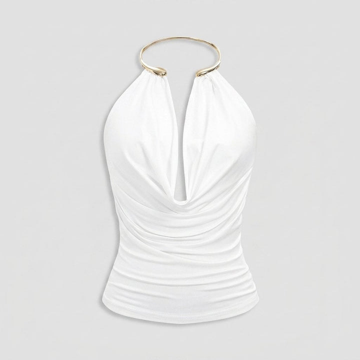 Dare | Cowl Halter Neck Top Metallic Backless Design, Relaxed Fit