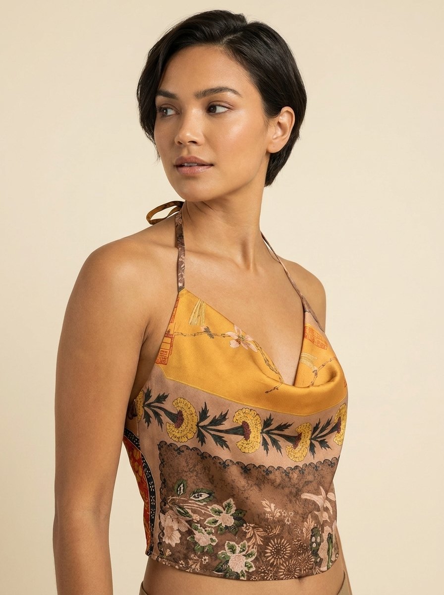 Dela halter cowl-neck top in mustard brown floral