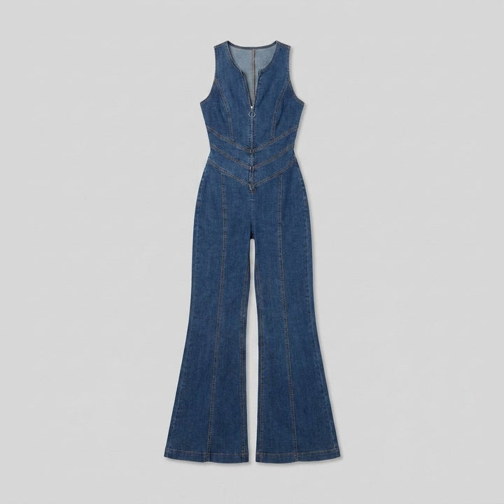 Diva | Denim Jumpsuit Fitted, V-Neck, Flared Legs