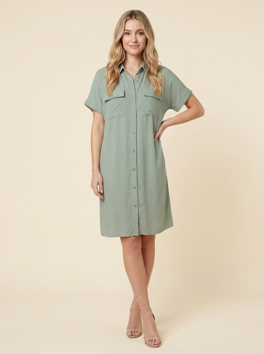 Elodie shirt dress sage green on model