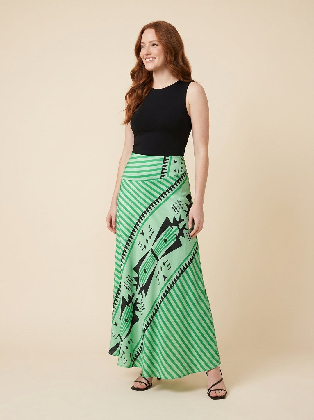 Elysian satin geometric maxi skirt green