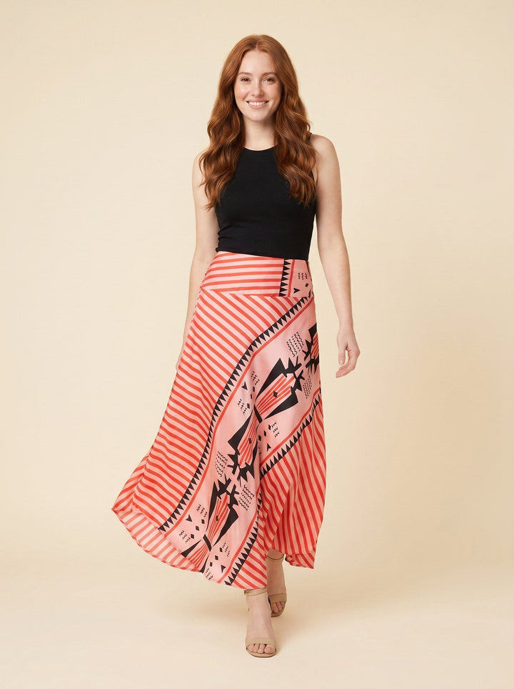 Elysian satin geometric maxi skirt red