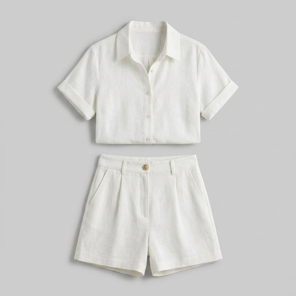 Felicity | Linen Set Breathable Button-Front Shirt & High-Waist Shorts for Women's Clothing